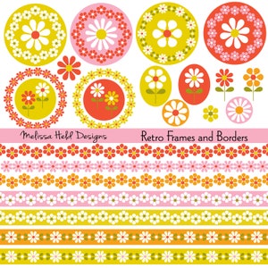 Retro Floral Digital Frames & Borders Clipart