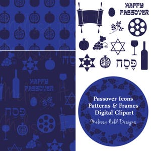 Könnte beinhalten: Ein digitales Clipart-Set in Marineblau mit Passah-Symbolen, Mustern und Rahmen. Enthält Illustrationen von Granatäpfeln, Davidsternen, Weingläsern und dem Text "Happy Passover."