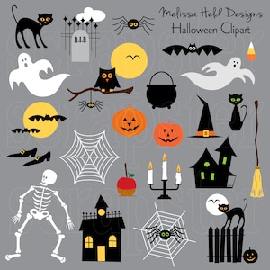 May include: A set of 20 Halloween clip art images featuring black cats, ghosts, pumpkins, bats, spiders, a witch's hat, a cauldron, a skeleton, a broom, a haunted house, a spider web, a fence, a candy corn, an owl, an apple, a candlestick, and a moon.