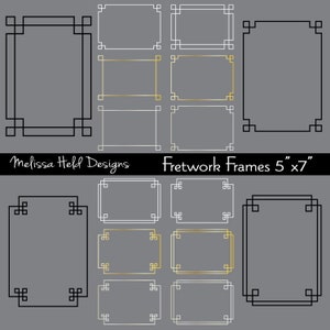 May include: Set of nine digital fretwork frames in black, white, and gold. The frames are 5 inches by 7 inches and are perfect for adding a touch of elegance to your digital projects.