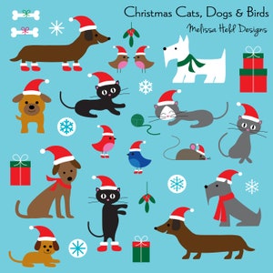 Clipart digital de gatos, cães e pássaros de Natal