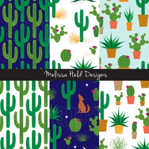 May include: Four different seamless patterns featuring various cacti and succulents in green, blue, white, and orange colours. The patterns are perfect for creating digital or printed designs for fabric, wallpaper, or wrapping paper.