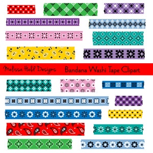Könnte beinhalten: Ein Set mit 12 digitalen Clipart-Bildern von buntem Washi-Tape mit Bandana-Mustern. Die Muster umfassen Paisley, Punkte, Blumen und geometrische Designs. Der Text "Bandana Washi Tape Clipart" ist im Bild enthalten.
