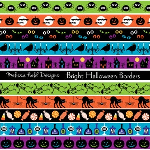 May include: A colorful Halloween-themed pattern with various borders. The design includes spiders, bats, jack-o'-lanterns, eyes, crows, haunted houses, skeletons, black cats, candy, and poison bottles. The text "Melissa Held Designs Bright Halloween Borders" is also present.