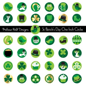 May include: A selection of St Patrick's Day themed one-inch circles. Each circle features a different graphic, including a bird, cat, dog, owl, horseshoe, shamrock, leprechaun hat, and a pot of gold. The circles are green and white.