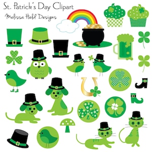 Könnte beinhalten: Ein Set mit 20 St. Patricks Day Clipart-Bildern mit grünen Kleeblättern, Leprechaun-Hüten, einem Regenbogen, einem Topf mit Gold, einem grünen Bierkrug, einem Hufeisen, einem Pilz, einer Katze, einem Hund, Vögeln und Cupcakes.