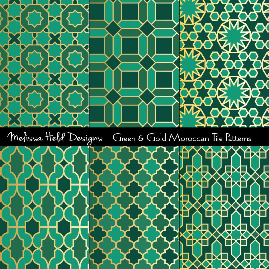 Green &amp; Gold Moroccan Tile Digital Patterns - Etsy