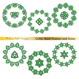 May include: Set of six green Celtic knot frames and icons. The frames are circular and feature intricate knot designs. The icons are smaller and feature a variety of Celtic knot patterns.