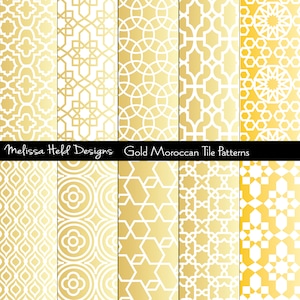 May include: Set of 10 gold Moroccan tile patterns with white geometric designs. The patterns are arranged in two rows of five. The text "Melissa Held Designs Gold Moroccan Tile Patterns" is at the bottom of the image.