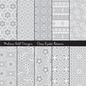 May include: Eight different grey and white eyelet patterns. The patterns include circles, flowers, and geometric shapes.