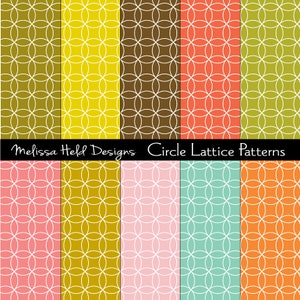May include: Set of 10 digital paper patterns featuring a circle lattice design in various colors, including green, yellow, brown, pink, orange, and blue. The text "Melissa Held Designs Circle Lattice Patterns" is displayed at the top of the image.