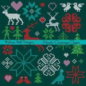 Könnte beinhalten: Eine Sammlung von 16 skandinavischen Weihnachts-Clipart-Bildern im Kreuzstich-Stil. Die Bilder zeigen Rentiere, Schneeflocken, Herzen, Bäume, Vögel und Sterne. Die Bilder sind in Rot, Grün, Weiß und Rosa auf einem blaugrünen Hintergrund. Melissa Held Designs. Skandinavische Weihnachts-Clipart.