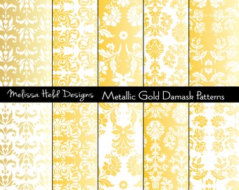 Gold & White Metallic Damask Digital Patterns