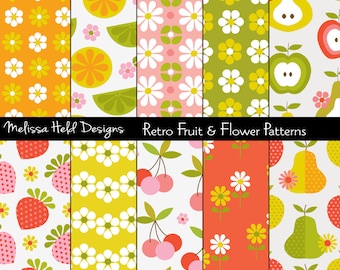 Retro Fruit and Flower Digital Patterns