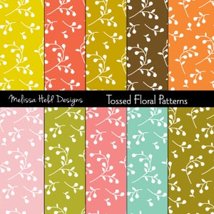 Puede incluir: Diez patrones de papel digital con un diseño floral blanco sobre una variedad de fondos de colores. Los colores incluyen amarillo, naranja, marrón, rosa, verde y azul. El texto "Melissa Held Designs" y "Tossed Floral Patterns" está en la parte superior de la imagen.