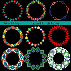 May include: Nine colorful beaded circle frames with different patterns. The frames are made of red, yellow, blue, green, orange, and white beads. The text "Beaded Circle Frames" is at the top of the image.