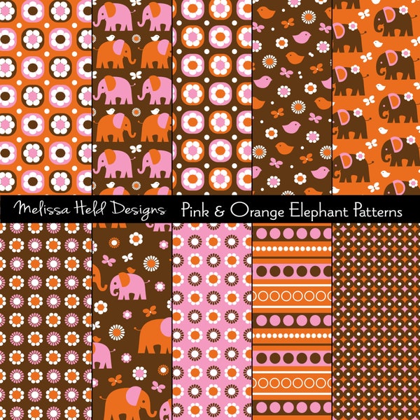 Digital Elephant Patterns: Pink, Orange & Brown