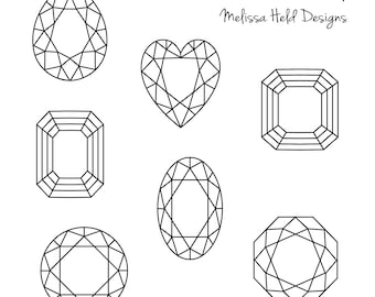 May include: A set of six black and white outline illustrations of different gemstone shapes, including pear, heart, emerald, oval, and round. The illustrations are simple and elegant, and would be perfect for use in jewelry design or other creative projects.