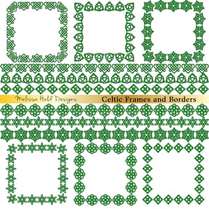 May include: A set of 12 Celtic knot frames and borders in green. The frames and borders are in various shapes, including squares, circles, and hearts. The text "Celtic Frames and Borders" is at the top of the image.