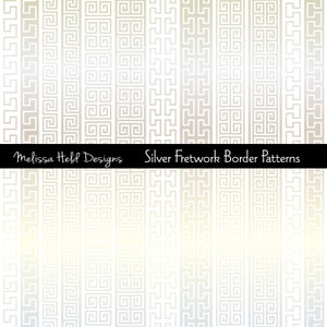 May include: A digital design featuring various silver fretwork border patterns. The patterns include geometric shapes and repeating designs. The text "Melissa Held Designs" and "Silver Fretwork Border Patterns" are displayed on a black banner.