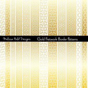 May include: Gold fretwork border patterns in various designs on a white background. The patterns are in shades of gold and feature geometric shapes. The text "Melissa Held Designs" and "Gold Fretwork Border Patterns" are displayed in black.