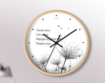 Black and white Wall clock with Ho'oponopono Self-Healing Sentences. Mantra meditation quotes. Home and office wall decor.