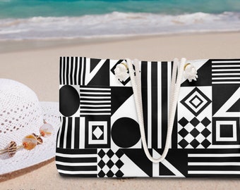 Durable Bag for Beach. Weekender Bag for Women. Black and White Texture. Weekend bag Gift for her.