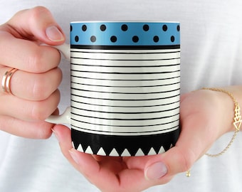 Blue Geometric mug, Tea Ceramic mug, Black white ceramic mug, Abstract mug