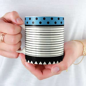 Blue Geometric mug, Tea Ceramic mug, Black white ceramic mug, Abstract mug