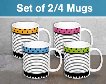 SET of 2 or 4 office coffee mugs, Set of Tea Ceramic mugs, Black white stripe mugs, Geometric mug, SET of Colorful Ceramic dots mug.