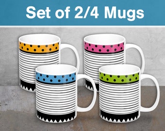 SET van 2 of 4 kantoorkoffiemokken, set keramische theemokken, mokken met zwarte witte streep, geometrische mok, SET met kleurrijke keramische stippen.