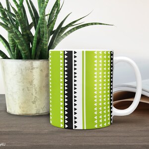 Green geometric mug, Triangles mug, Tea ceramic mug, Black white coffee mug, Office coffee mug, Mug with handle