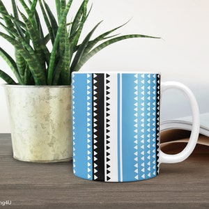 Blue mug, Office coffee mug, Triangles pattern mug, Black white tea mug, Stripe mug, Geometric mug, Ceramic coffee mug