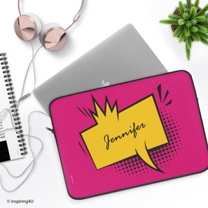 Personalized Name Pink Laptop Sleeve. Colorful Comics Bubble Laptop Cover. Privet Laptop Case with Personal Touch, Personal gift idea