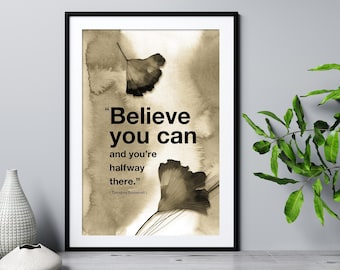 「Believe You Can」の名言プリント、落ち着いたモチベーションを高めるウォールアート、ミニマリストな室内装飾。