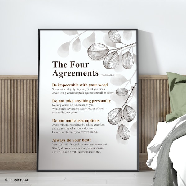 Póster con cita inspiradora de Los Cuatro Acuerdos en color marrón para la decoración del hogar o la oficina de terapia, ideal para la práctica de la atención plena.