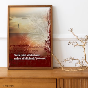 Office Home Décor Inspirational poster print. Michelangelo Wall art Hanging quote. Burgundy wall decor art print, Typography print Quotes.