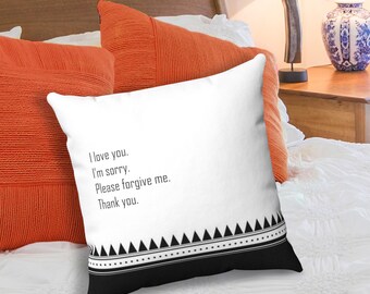 Black & White Spun Polyester Square Pillow, Ho'oponopono Self-healing sentences, Throw Pillow with mantra healing quotes, Decorative pillow.