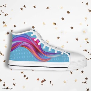 Colorful Women's High Canvas Shoes. High-top Streetwear Shoes. High Top Sneakers, Cool Woman Shoes. Unique Color Waves Printed Canvas Shoes.