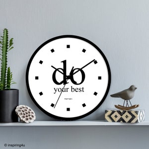 Czarno-biały, elegancki zegar ścienny do biura z motywującym cytatem „Do Your Best”, wyjątkowa i znacząca dekoracja ścienna do biura, pomysł na prezent dla studenta.