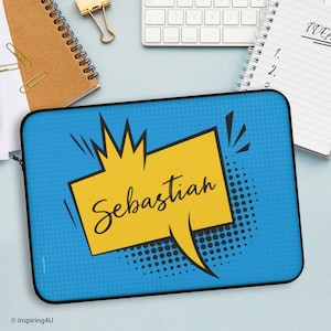 Personalized Name Light Blue Laptop Sleeve. Colorful Comics Bubble Laptop Cover. Privet Laptop Case with Personal Touch, Personal gift idea