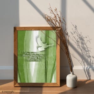 Poster verde del mantra Ho'oponopono, preghiera hawaiana del mantra Ho'oponopono, stampa decorativa da parete con piccione, preghiera di autoguarigione, regalo spirituale per lei