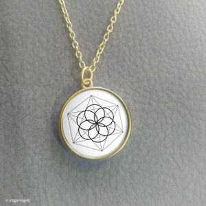 Gold Seed of Life Necklace. White mandala Pendant with Flower of life, Single Loop Necklace.  Sacred Geometry Necklace, Meditation Jewelry.