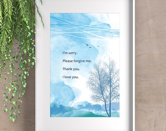 Plakat Healers Sentences. Plakat z cytatem z medytacji Ho'oponopono Mantra. Zdania samouzdrawiające. Dekoracja ścienna. Dekoracja domu. Specjalny prezent dla niej.