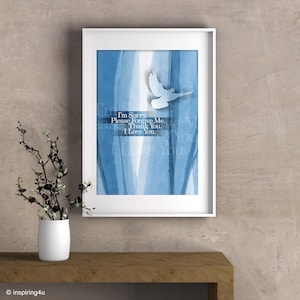 Poster blu del mantra Ho'oponopono, preghiera hawaiana del mantra Ho'oponopono, stampa decorativa da parete con piccione, preghiera di autoguarigione, regalo spirituale per lei