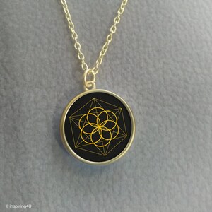 Gold Seed of Life Necklace. Black mandala Pendant with Flower of life, Single Loop Necklace.  Sacred Geometry Necklace, Meditation Jewelry.