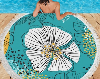 Turquoise Circular Beach Shawl. Floral Beach Blanket. Fashionable Hanging Sea Beach Towel, Texture Fashion Pool Towel. Round beach mat throw