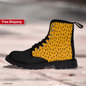 Yellow & Black Women's Canvas Boots. Fashion Hiking Boots. Yellow Women's Shoes. Walking Art Boots for Women. Lace Up Boots.