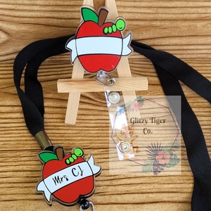 Personalized Teacher Apple Worm Lanyard| ID Holder| Teacher Badge Reel