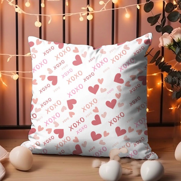 XOXO Red Hearts Valentines Day Throw Pillow Cover